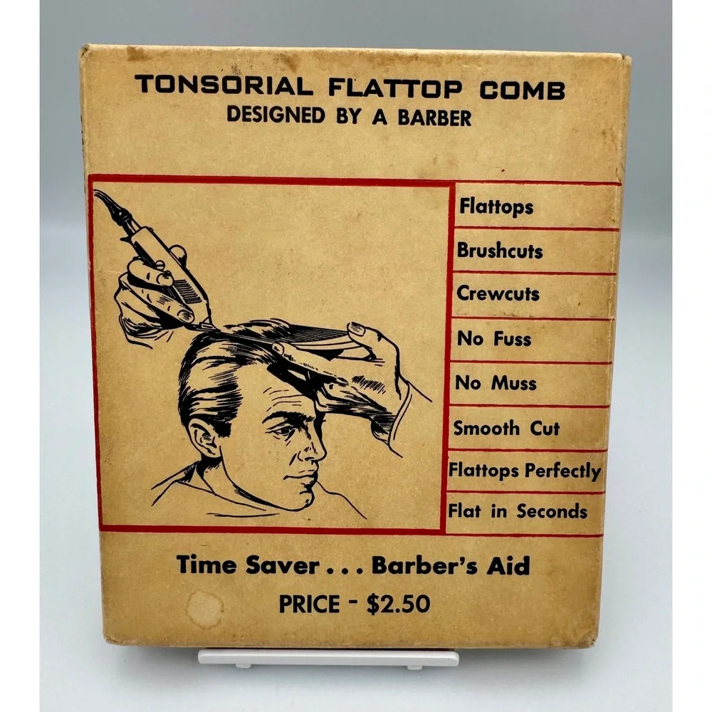 Vtg 1950s Tonsorial Flattop Comb in Original Graphic Box Mid-Century Barber Prop